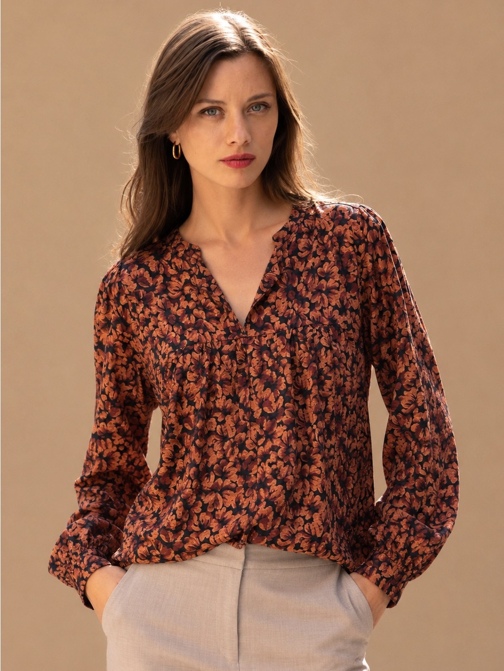 a new day Rust Floral Long Sleeve Pilgrim Style Blouse
